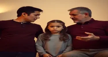 mother and father arguing about child custody with their 10 year old daughter between them looking scared
