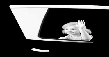 Pls create a 3d white-on-white image of a 6 year old girl waving out the side window of a  moving car. no facial features. no background. flat black background.