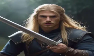 male ranger wearing medieval clothing, long blonde hair, holding a medieval sword "not armor"