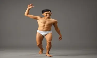 Young asian male dancing wearing only white briefs