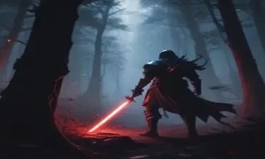 A dark, foreboding paladin in a moonlit forest wielding a sword that has a red, ruby-gem, glowing effect