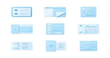 Minimal flat icons representing planners, templates, wall art, social media posts, blue gradients, isolated on white background, --ar 1:1