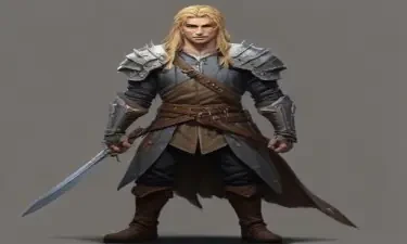 male ranger wearing medieval clothing, long blonde hair, holding a medieval sword
