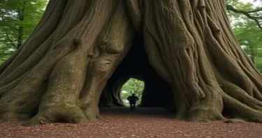 a photorealistic picture of a large tree with a tunnel in the trunk that a person could walk through.