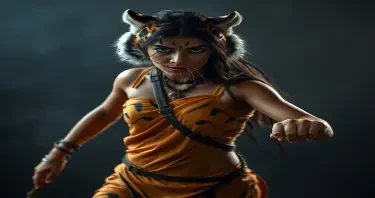 A young indian mother with a full body structure, assumes the shape of a tigress to fight a perpetrator