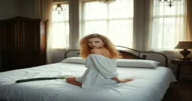 An Art Noveau styled room, with a double bed in the middle, light flowing through the large windows a curly blonde girls with blue ejes with a malicious face is kneeled with the back to the camera but looking at it over her shoulder  and dressed with a white loose unbuttoned open blouse on a double bed with a long zucchini in one hand