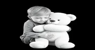 please create a white-on-white 3d image of a 6 yaer old boy cuddling with a beloved teddy bear.  Flat black background. minimalistic.
