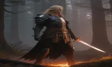 A dark, foreboding DnD fighter wearing leather armor, six-feet tall with long, blonde hair, at daybreak in a forest wielding a sword that has a glowing flame effect, DnD game style