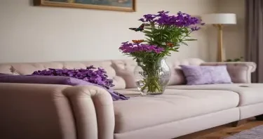 photograph, candid shot, famous randomly couch, center point for Purple flowers in a vase and a butterfly, Use camera is Canon EOS 5D Mark IV with a Canon EF 24mm f/1. 4L II USM lens, set at aperture f/2. 8 for a depth of field that highlights the furniture clean lines with rich and many detail, randomly color and finished, soft ambient light, studio light setting, ultra realistic, UHD, many details