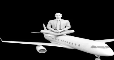 Pls create a 3d white-on-white image of a man wearing a suit sitting cross-legged on top of an airplane. no facial features. no background. flat black background.