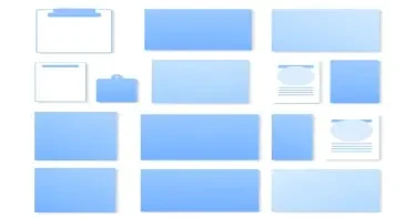 Minimal flat icons representing planners, templates, wall art, social media posts, blue gradients, isolated on white background, --ar 1:1