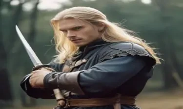 male ranger wearing medieval clothing, long blonde hair, holding a sword