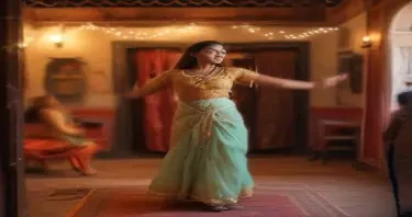 a mujrah scene in a haveli where navaabs are enjoying the dance perfomance of pretty young indian girls