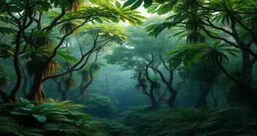 a photorealistic picture of a prehistoric jungle with full leafy trees and with no dinosaurs