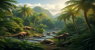 a photorealistic picture of a prehistoric jungle
