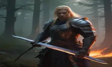 A dark, foreboding DnD fighter wearing padded armor, six-feet tall with long, blonde hair, at daybreak in a forest wielding a sword that has a glowing flame effect, DnD game style