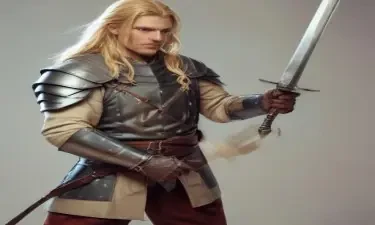 male ranger wearing medieval clothing, long blonde hair, holding a medieval sword "not armor"