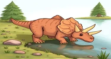 a cartoon drawn Triceratopses drinking from a stream to be used in a children's book.