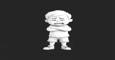 please create a 3d white-on-white cartoon-like image of a child  having a temper tantrum with arms crossed, stomping one foot. flat black background. no elaboration or detail.