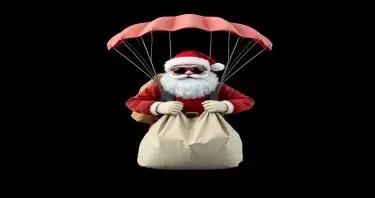 please create an image of Santa Claus parachuting and carrying a large bag of mail facing forward wearing dark sunglasses against a  flat black background