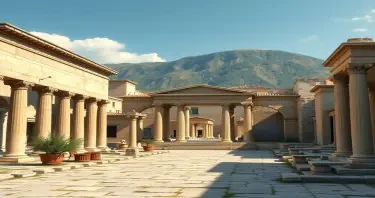 a realistic picture looking at  an ancient Greece forum in a photorealistic picture of an ancient Greece city during the time when Aristotle lived in the year