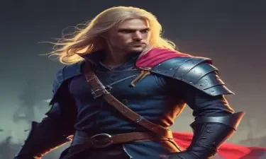 male ranger wearing medieval clothing, long blonde hair, holding a medieval sword "not armor"