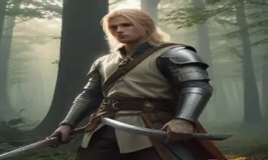 male ranger wearing medieval clothing, long blonde hair, couching in a forest at daybreak, holding a sword