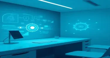 A futuristic digital workspace with holographic AI interface projections, minimalist clean desk, cool blue and teal color palette, soft light reflections, subtle tech grid background, perfect for a digital product eBook cover