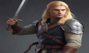 male ranger wearing medieval clothing, long blonde hair, holding a medieval sword "not armor"