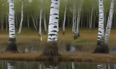 birch trees by swamp surreal