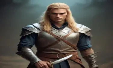 male ranger wearing medieval clothing, long blonde hair, holding a medieval sword "not armor"