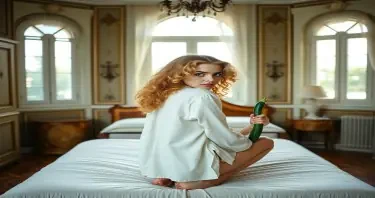 An Art Noveau styled room, with a double bed in the middle, light flowing through the large windows a curly blonde girls with blue ejes with a malicious face is squatting with the back to the camera but looking at it over her shoulder  and dressed with a white loose unbuttoned open blouse on a double bed with a long zucchini in one hand