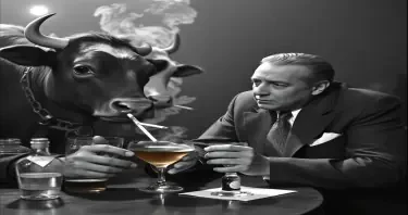 Bogart having drinks with a cow smoking cigarette