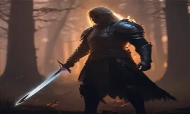 A dark, foreboding DnD warrior, six-feet tall with long, blonde hair, at daybreak in a forest wielding a sword that has a glowing flame effect, DnD game style, -armor