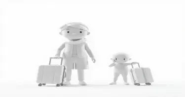 minimalist 3d white-on-white cartoon-like parent and child with suitcases. no facial features. no hair. no clothes. transparent background.