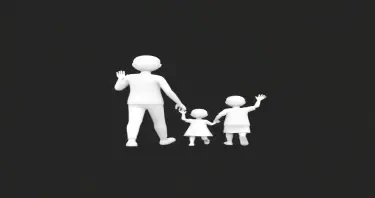 please create an image of a parent and child walking away into the distance waving goodbye minimalist, 3D white-on-white cartoon-like characters with no facial features, no hair, against a flat black background with no elaboration or details.