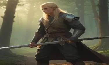 male ranger, six-foot tall, wearing medieval clothing, long blonde hair, couching in a forest at daybreak, wielding a sword