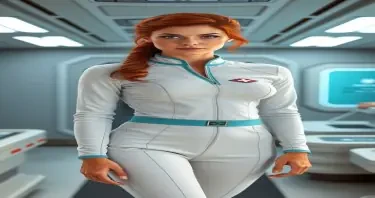 Beautiful, young red haired woman.  Freckle-faced, intense green eyes, fit, and tan.  Wears a 23rd century, Star Trek style medical jumpsuit with Starfleet insignia.  Form fitting, white with aqua collar panel and trim.  She is standing in a in a Star Trek style medical bay.  Also wears appropriate footwear.
