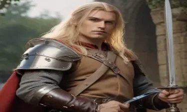male ranger wearing medieval clothing, long blonde hair, holding a medieval sword "not armor"