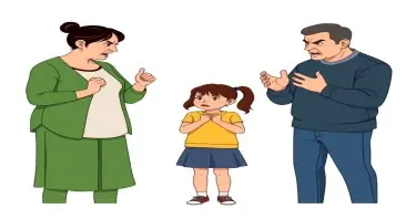 please create an image of a mother and father arguing with their 8 year old daughter standing between them. The adults appear angry with angry gestures. the child appears scared. flat white background.