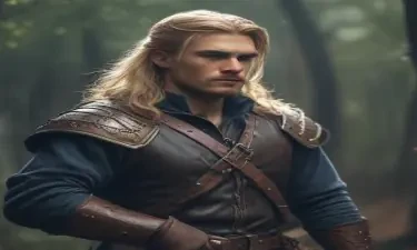 male ranger wearing medieval clothing, long blonde hair, holding a medieval sword "not armor"