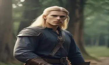 male ranger wearing medieval clothing, long blonde hair, holding a medieval sword "not armor"