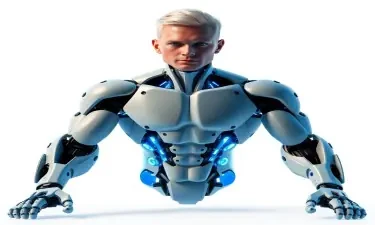 realistic full body feet visible blue and white cybernetic guy blonde hair, handsome, muscular