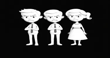 please create an image of angry divorcing adults using minimalist, 3D white-on-white cartoon-like characters with no facial features, no hair, against a flat black background with no elaboration or details.