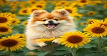Orange Pomeranian playing in a field of sunflowers
