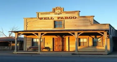 a photorealistic picture of an old wild west wells fargo station building close on the front porch