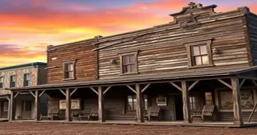 a photorealistic picture of an old wild west town building close  like sitting on the front porch
