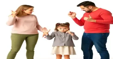 please create a photorealistic image of two parents arguing about their 11 year old daughter who is standing between them. the child looks scared. the adults look angry and are making angry gestures. Flat white background. no detail or elaboration.