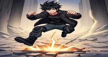 Full-body anime-style character of a rebellious teenage boy with messy black hair and cocky attitude. He wears reinforced street-style combat pants with seismic pads on his knees and boots. His jacket is open, sleeves rolled up, fists clenched. Cracks run through the ground under his feet as he slams one foot down. Background includes urban rubble and broken pavement radiating from his stance. Style of My Hero Academia, explosive and grounded, with gritty detail and motion emphasis