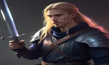 male ranger wearing medieval clothing, long blonde hair, holding a medieval sword "not armor"